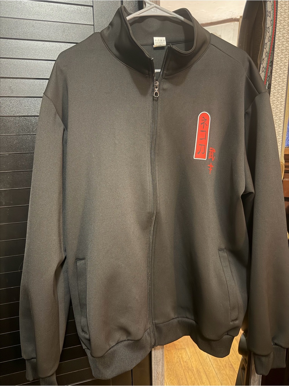 Custom One-Of-A-Kind 2XL Black Zip-Up Nylon/SpandexJacket - Neko Katana Samurai